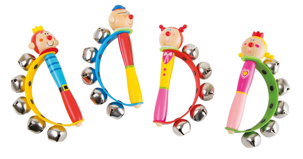 Rammelaar met belletjes voor baby op een gekleurde textielband